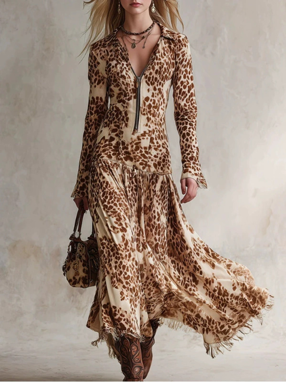 FOREVER 21 Vintage Elegant Beige Brown Printed Tassel Maxi Dress